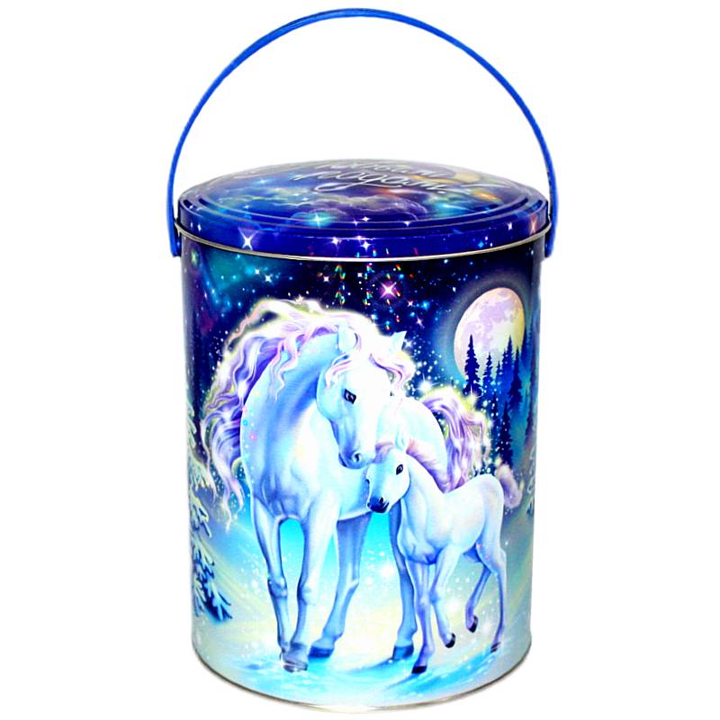 Детский новогодний подарок в жестяной упаковке весом 1200 грамм